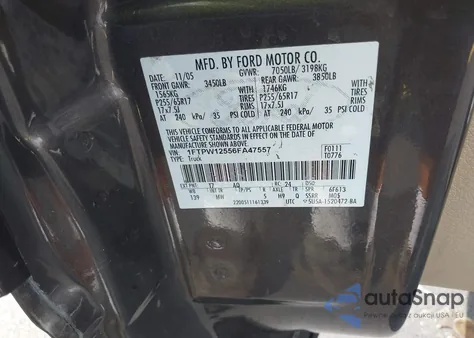 2006 Ford F-150 Lariat/Xlt z USA, uszkodzony, nr VIN 1FTPW12556FA47557